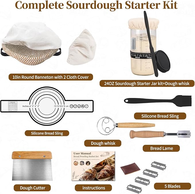 Sourdough Starter Kit 10" Round Banneton Bread Proofing Basket | Sourdough Bread Baking Supplies - Starter Jars, Bread Sling, Scoring Lame, Dough Whisk & Scrapers,Sour Dough Kits for Bakers