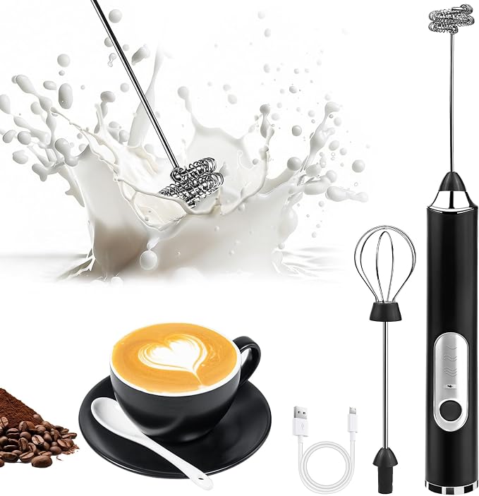 Milk Frother Handheld, Rechargeable Coffee Frother Wand with 2 Stainless Whisks 3 Speeds, Drink Mixer, Electric Foam Maker, Hand Mixer for Lattes, Cappuccino, Matcha, Egg, Black