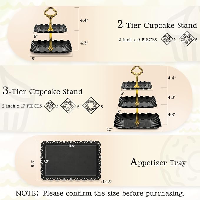 NWK 5 Piece Cake Stand Set with 2 x 3-Tier Cupcake Stands, 1 x2-Tier Cupcake Stands, 2 x Appetizer Trays, for Wedding Birthday Baby Shower Tea Party Decorations (5, Black, Square)