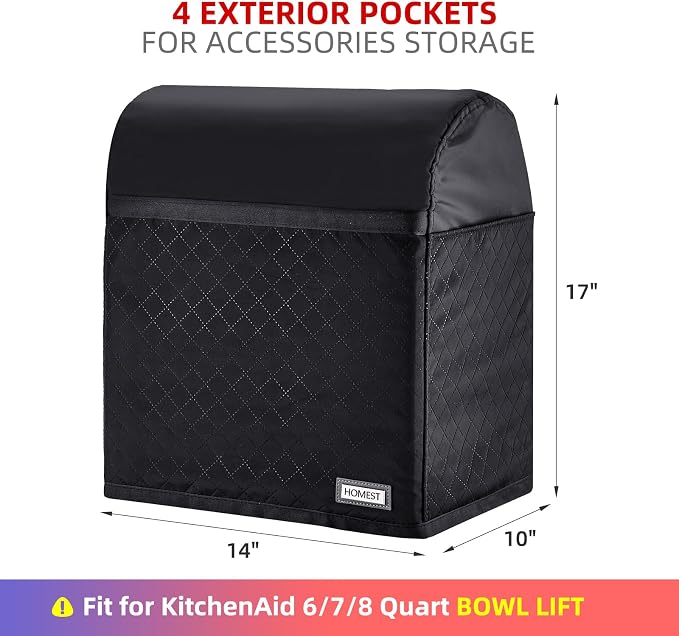 HOMEST Stand Quilted Mixer Cover with Zip Pocket for Kitchen Accessories | Fits KitchenAid 6/7/8 quart mixers, zipper pocket stores attachments and kitchen accessories, Black