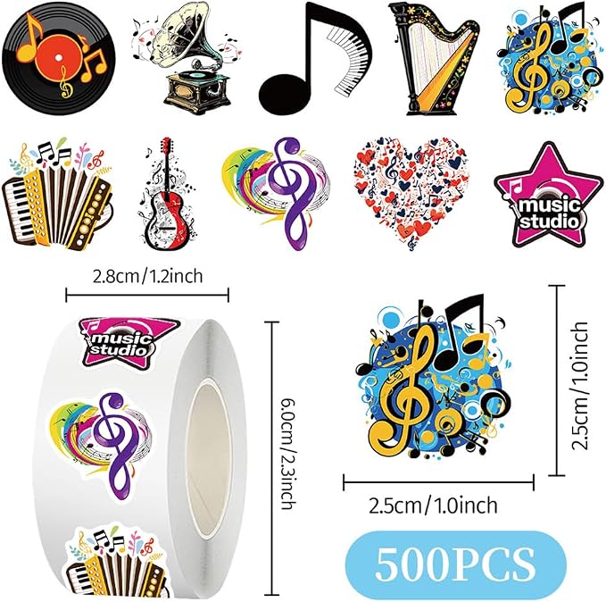 500pcs Music Stickers, Music Notes Vinyl Waterproof Stickers Musical Instruments Stickers for Water Bottles Laptops Guitars Skateboards Music Party Favors Decorations (Music)
