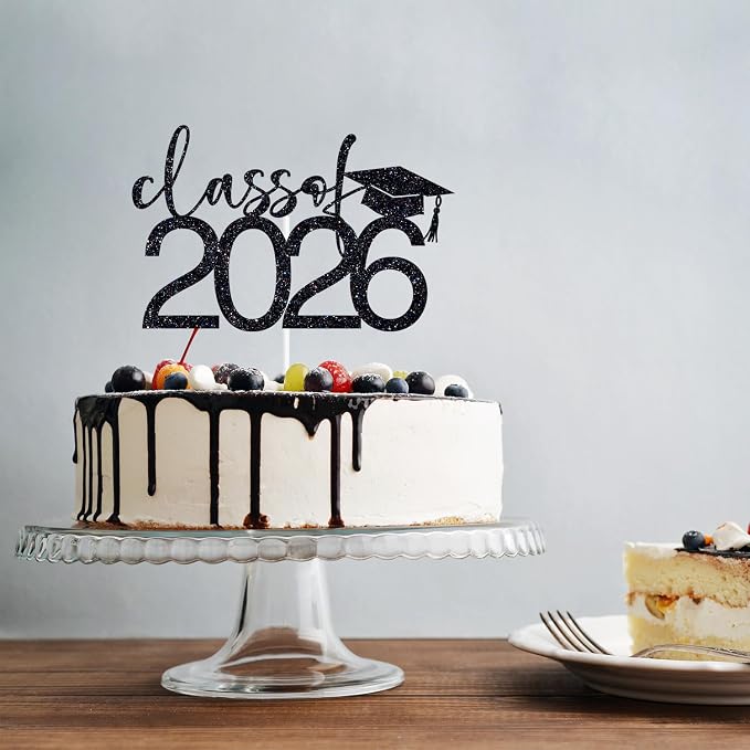 Class of 2026 Cake Topper, Congrats 2026 Cake Décor, Congrats Grad, Happy Graduation, High School/Senior/University Graduation Party Decorations Black Glitter