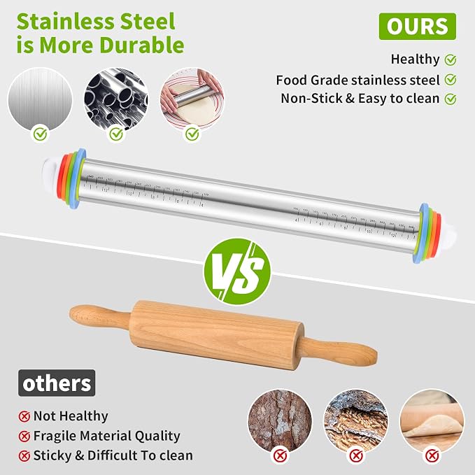 Adjustable Rolling Pin Set with Thickness Rings Cookie Cutters Dough Scraper Food Grade Stainless Steel Precise Dough Roller Handle Press Design for Baking Fondant Pizza Pie Pastry Pasta Cookies