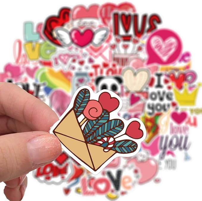 Heart Sticker, I Love You Stickers Pack for Lovers Friends, 50Pcs Valentine's Day Waterproof Vinyl Stickers for Water Bottles Laptop, Gift Boxes Decals, Party Supplies (Love)