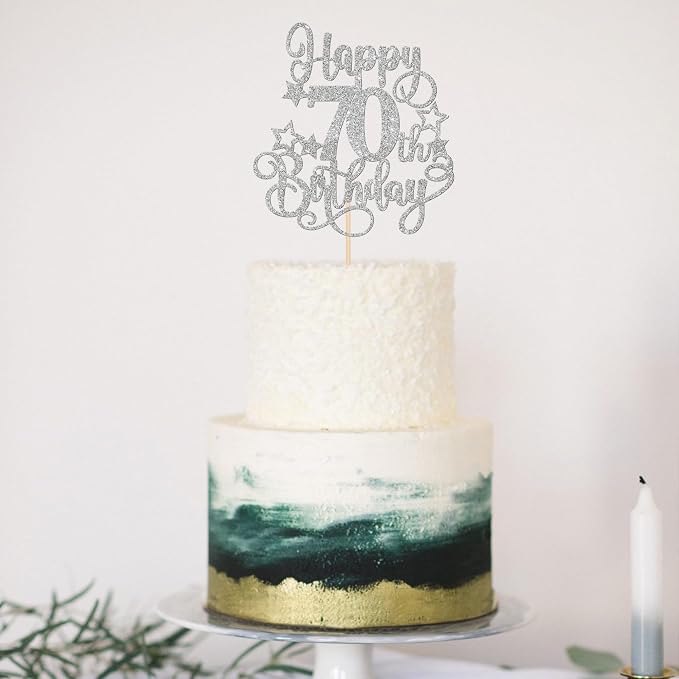 1 PCS Happy 70th Birthday Cake Topper Glitter Cheers to 70 Years Birthday Cake Pick Hello 70 Fabulous Cake Decoration for Happy 70th Birthday Anniversary Party Decorations Supplies Silver