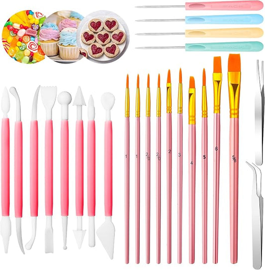 24 Pieces Cookie Decorating Fondant Cake Decorating Tool Set Include Brushes Sugar Stir Needle Fondant Modeling Tool Elbow and Straight Tweezer(Pink)