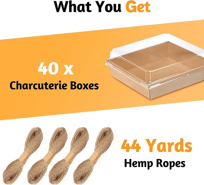 ZORRITA Large Charcuterie Boxes with Clear Lids, 7x7 Inch, 40 Pack, Brown | Disposable, Square, Kraft Paper, To Go Food Containers, Bakery Boxes, For Charcuterie Desserts Strawberries Cookies