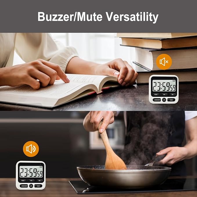Multifunctional Kitchen Timer with Silent/Alert Mode, 24-Hour Clock, Memory Recall, Fast-Forward, and Magnetic Back for Cooking, Baking, Teaching
