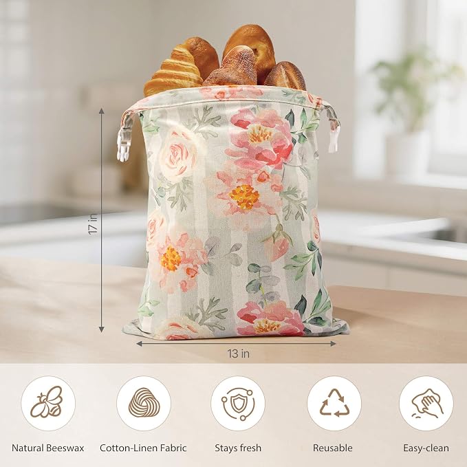 Beeswax Bread Bag, Sourdough Bread Bags for Homemade Bread, 17 * 13in Bees wax Wraps Reusable With Freshness Lock Zipper, Keep Bread Fresh for Longer (Vernal Bloom-1 Pack)
