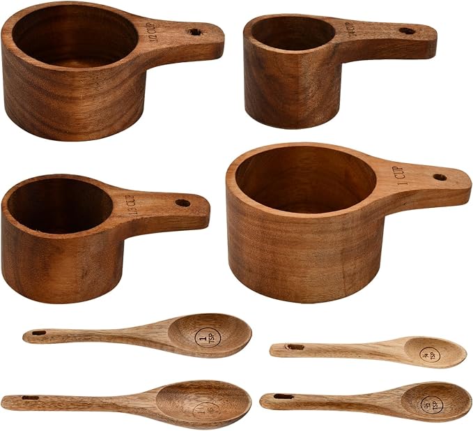 8-Piece Acacia Wood Nesting Measuring Cups and Spoons Set, Laser Engraved Precision Markings, for Baking & Cooking, Gift for Bakers Chefs Home Cooks, Rustic Farmhouse Kitchen Decor