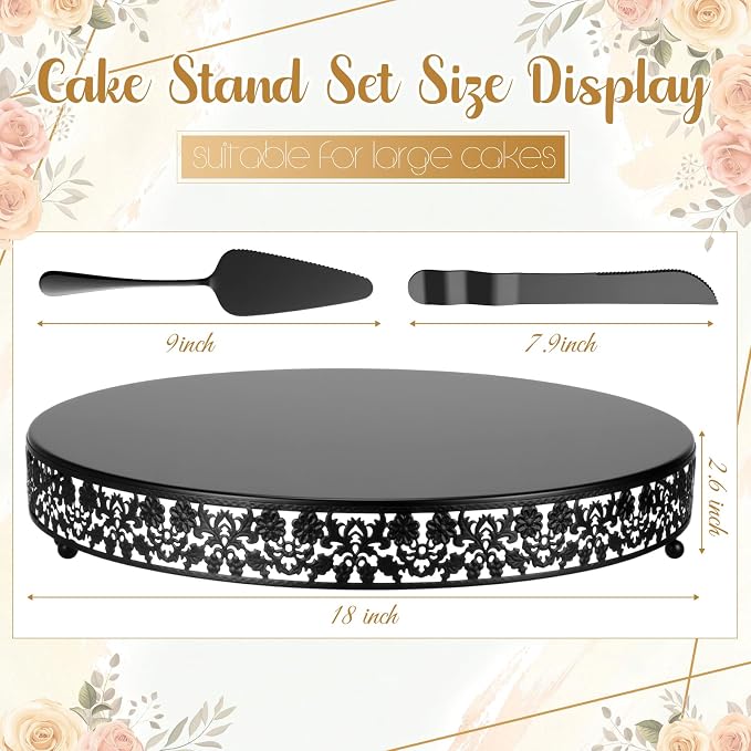 Wenqik 18 Inch Black Cake Stand Set Metal Round Cupcake Dessert Stand with Cake Cutting, Flower Spatula Wedding Cupcake Pastry Display Candy Holder Display for Wedding Party Birthday Baby Shower
