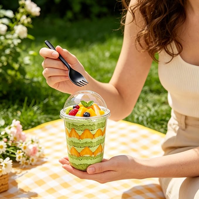 Jnnzzggu 50 Pack 16 oz Plastic Dessert Cups with Dome Lids | Clear No Hole, Includes Sporks, Disposable, For Pudding Parfait Fruit Cake