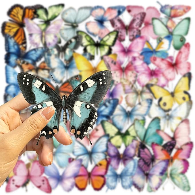 Butterfly Transparent PET Stickers Pack, 50PCS, Colourful-B5 | Aesthetic Colorful Lifelike, Waterproof Vinyl, For Scrapbook Party Favors, For Teens Adults