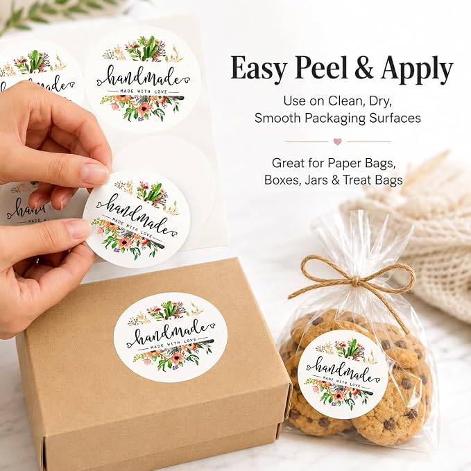 Handmade with Love Packaging Stickers: Made with Love Labels for Makers | 120pcs 1.6 Inch Paper Stickers For Handmade Product Packaging Kraft Bags Gift Boxes And Craft Orders