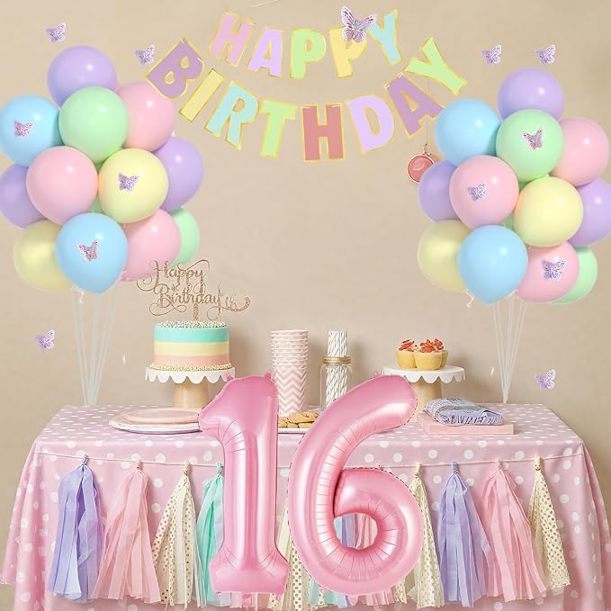 16th Birthday Decorations For Girls- 12 Inch Pastel Balloons, 32 Inch Pink 16 Balloon, 3D Butterflies Stickers, Happy Birthday Banner For Girl Sweet Sixteen Party Decorations