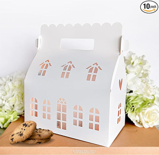 10 Pcs Large Mansion House Shaped Gift Boxes for Treats, Dessert, Fancy Cookie, White Gable Bakery Packaging
