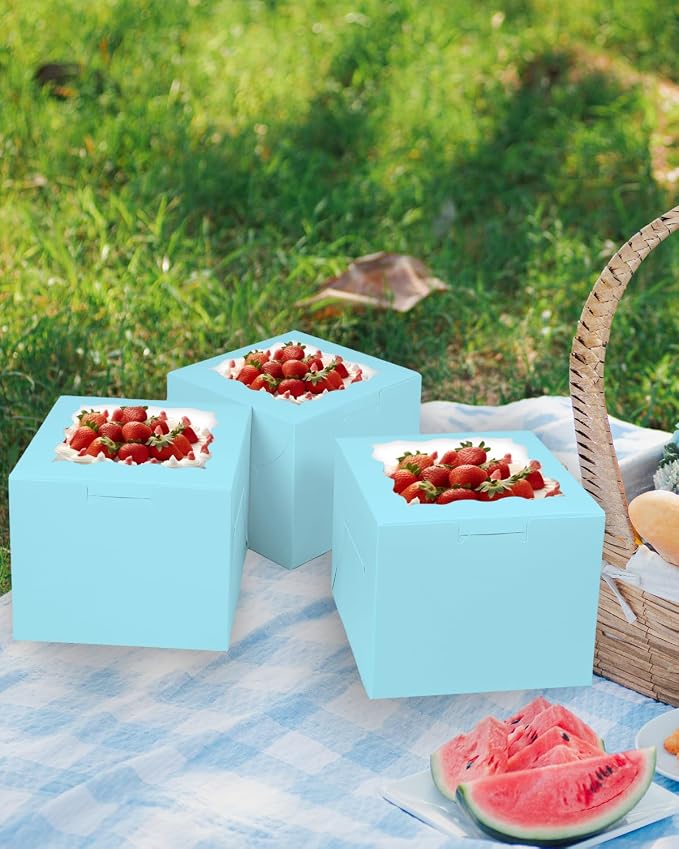 Bakepacker 36pcs 6x6x5 Inches Cake Boxes with Window 18-Packs Light Blue 6 Inch Bakery Boxes (18 Cake Boxes +18 Cake Boards Included)
