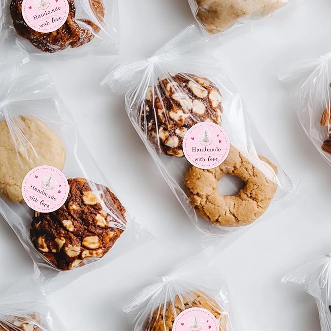 Pink Bakery Use Baked with Love Stickers, 1.5 inch 500 PCS, Heart & Letter Print, Waterproof, Matte Finish, Traditional & Vintage Style, Perfect for Baked Goods, Small Businesses