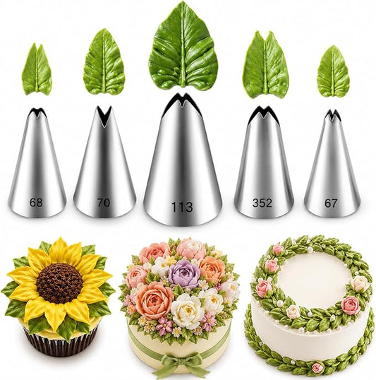 5 Pcs Leaf Piping Tips Set, Stainless Steel Cake Decorating Tips for Buttercream, Frosting Icing Nozzles for Cupcakes, Cookies, Cakes – Includes 67, 68, 70, 352, 113 – Dishwasher Safe