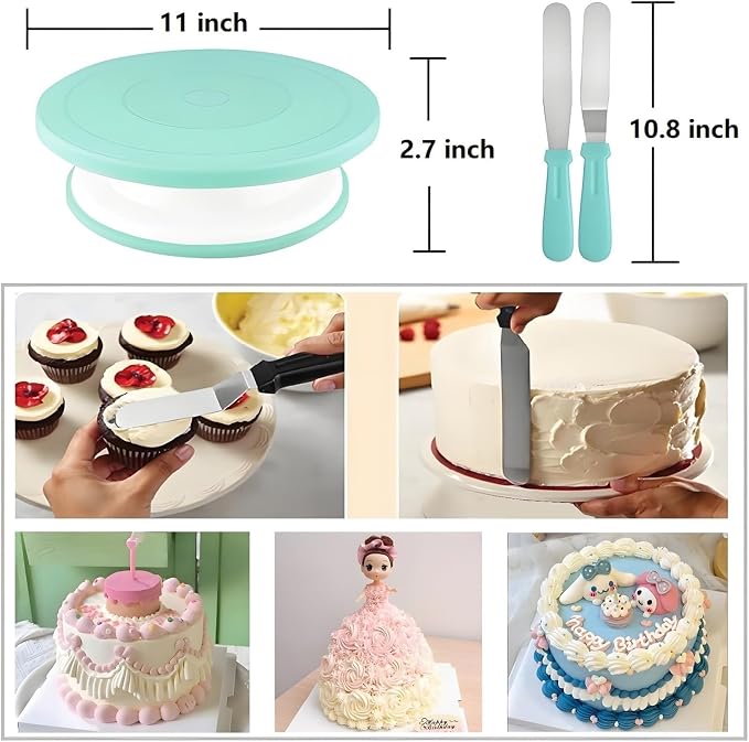 ANSLYQA Cake Decorating Kit, 298 Pcs Baking Tools (Green) | Cake Turntable, Leveler, 24 Numbered Icing Tips, 2 Spatulas, 8 Carved Pens, 100 Pastry Bags, 100 Cupcake Liners & More
