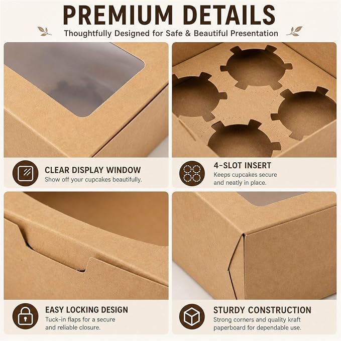 QTLCOHD 100Pcs Cupcake Boxes 4 Count with Window 6x6x3 Inch | Cupcake Containers Brown Cupcake Box Bulk for Cupcakes Muffins Cookies Pastries
