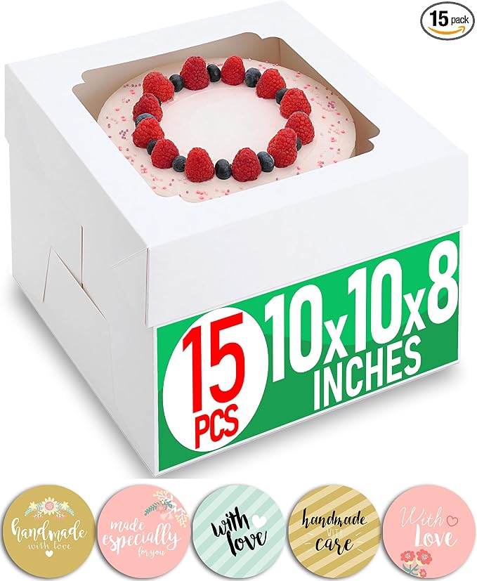 10x10x8 Bulk 15 Pcs Tall Multi-Layer Cake Boxes 10 Inch with Window Clear Bakery Box Square White Large Disposable Pie Boxes Package for Bake Decorating Supplies Pastry Box (80 Pcs Stickers)