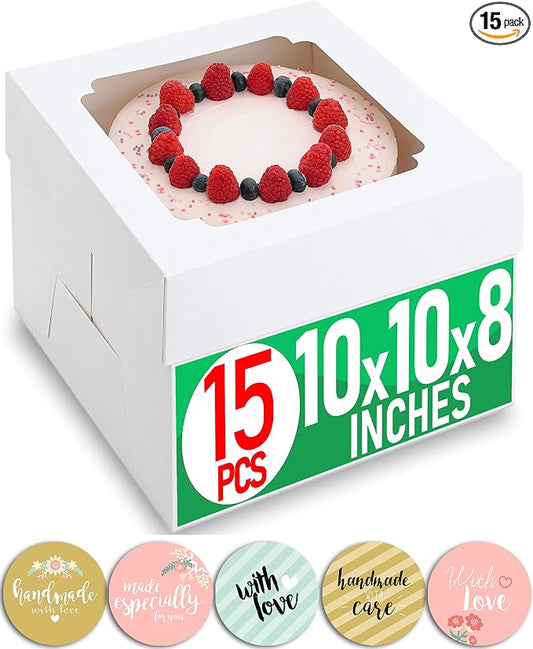 10x10x8 Bulk 15 Pcs Tall Multi-Layer Cake Boxes 10 Inch with Window Clear Bakery Box Square White Large Disposable Pie Boxes Package for Bake Decorating Supplies Pastry Box (80 Pcs Stickers)