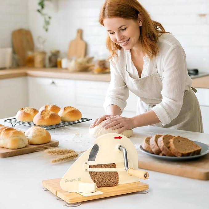 Anatole Foldable Manual Bread Slicer for Homemade Sourdough Bread with Engraved Scale Line Bread Guide Hand Crank Bread Cutter with Adjustable Thickness Stainless Steel Blade 6 Suction Cups