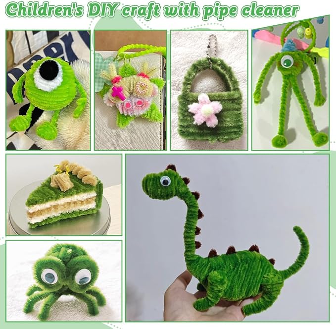 620Pcs Green Pipe Cleaner Flower Kit, 6 Colors Bulk Chenille Stems with Wires, Ribbon, Stamens and Card, All-in-One DIY Flower Craft Supplies for Creative Gifts Home Decoration, Party & School Crafts