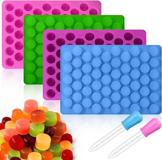Palksky Round Candy Mold, 4PCS 220 Cavities Mini Cylinder Silicone Molds for Hard Candy, Gummy, Chocolate, Mint, Fruit Snacks, Non-stick for DIY Homemade Treats with 2 Droppers