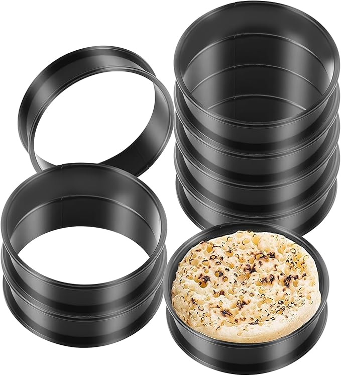 RICHSC-PAN Crumpet Rings, 4Inches Outside Diameter 3.6 Inches Inside Non-Stick English Muffin Rings 8 Packs, Stainless Steel Double Roll Upgrade Design, Suitable For All Kinds of Breakfast.