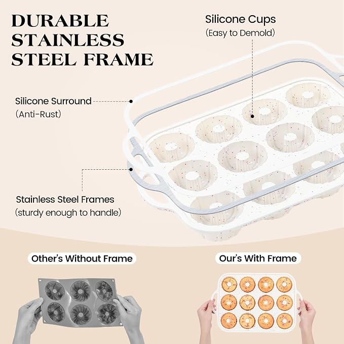 3 Inch Silicone Mini Fluted Tube Cake Pans with Metal Reinforced Frame, 12-Cavity Non-Stick Mini Flan Molds for Daily & Holiday Desserts (1 Pack)