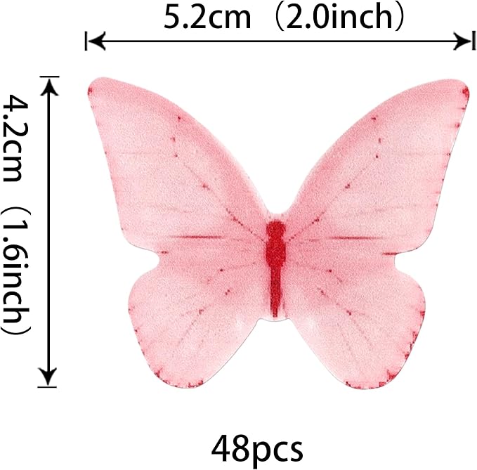 48 PCS Edible Butterfly Cupcake Toppers - Wafer Paper for Cake Decorating - Pink Butterfly Theme Baby Shower, Wedding, Birthday Party Cake Decorations Supplies