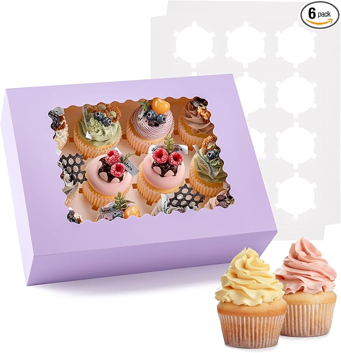 Hoewina 6PCS Cupcake Boxes - Hold 12 Count Cupcake Containers with Window, Food Grade Cupcake Holder Easy Transport and Presentation - Ideal for Cupcakes, Desserts, and More (Light Purple)