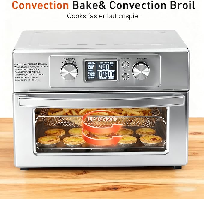 DUMOS Air Fryer Toaster Oven Combo, 23QT Toaster Ovens Countertop, 180–450°F Adjustable Temp, 60-Min Auto-Off Timer, 4-in-1 Air Fry, Toast, Broil & Bake, Stainless Steel, Accessories Included