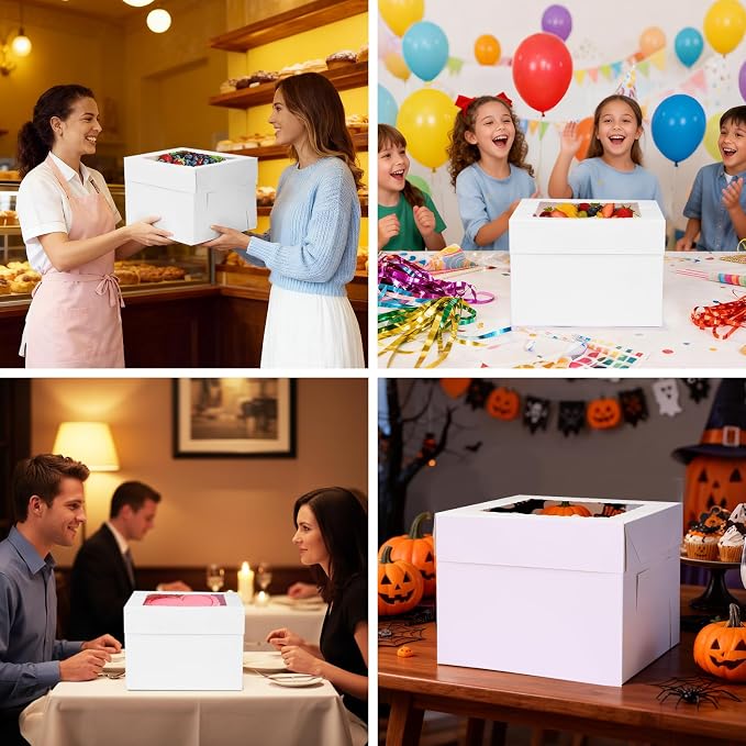 3 Pack Cake Boxes 10 Inch Tall Bakery Carrier with Boards (10x10x8 Inches) | Cost-effective cake boxes with boards which made of thick cardboard, easy to assemble and carry, suitable for birthdays