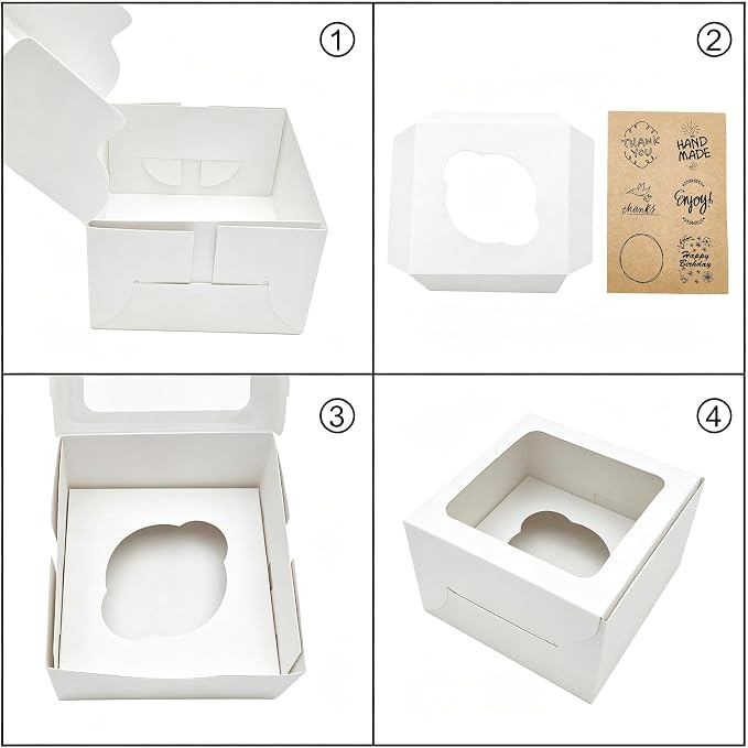 Jotique Cupcake Boxes with Window, 6 Sets 4.5x4.5x3 Inch White Paper Bakery Boxes for Single Cupcake, Cookies and Muffins, Sturdy Disposable Treat Boxes for Individual Pastry, Baked Goods, Gift Giving