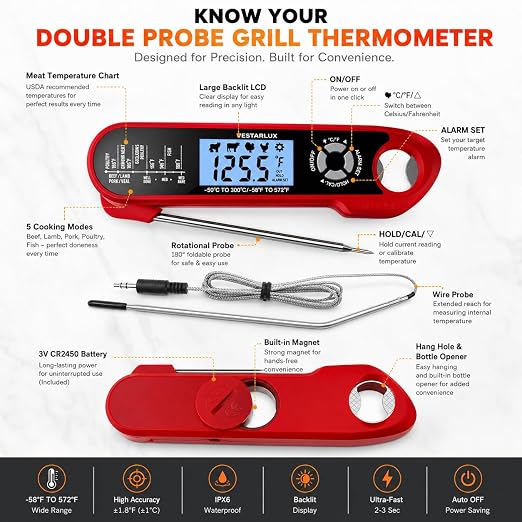 Digital Instant Read Meat Thermometer Waterproof Kitchen Food Cooking Thermometer Dual Probes Backlight, Alarm, °F/°C for BBQ Grill Smoker Steak Turkey Frying Baking Oven Water Oil