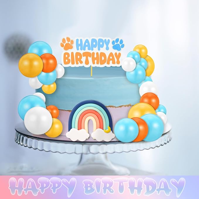 30 Pcs Blue Rainbow Cake Toppers with Blue Orange Ball Happy Birthday Cake Toppers for Birthday Wedding Party Supplies