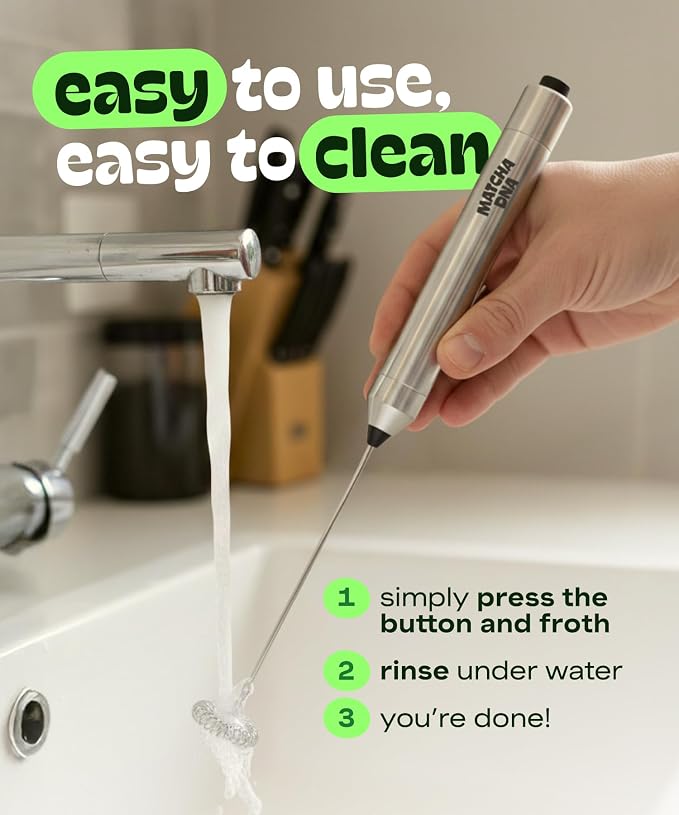 Matcha DNA Handheld Milk Frother Wand. Stainless Steel Electric Matcha Whisk, Lightweight. Hand Mixer for Coffee, Matcha Lattes, Protein Shakes & Drinks. Battery Operated Milk Frother Handheld Whisk