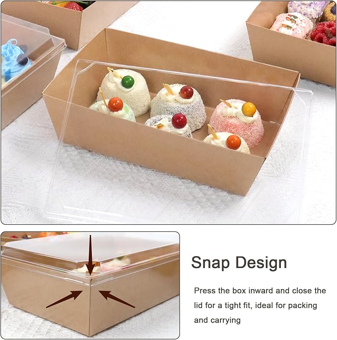 8 x 6 Inch Paper Charcuterie Boxes with Clear Lids, 50 Pack Large Disposable Food Containers, Take Out Bakery Boxes for Cake Slice, Cupcakes, Sandwiches, Cookies, Cocoa Bombs, Salads (Brown)