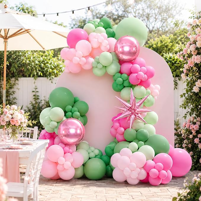 Pink Green Balloon Arch Garland Kit with Star Foil Balloons 4D Round Ball Balloons for Woodland Baby Shower Wedding Tropical Safari Birthday Party Decorations