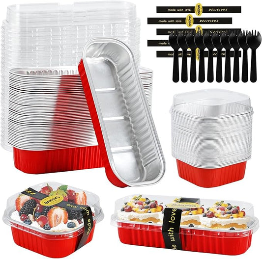 100PCS Red Mini Loaf Pan with Lids and Spoons 6.8oz Rectangular Aluminum Foil Bread Pan 10oz Square Cake Cup with Decal Disposable Baking Supply for Graduate Wedding Birthday