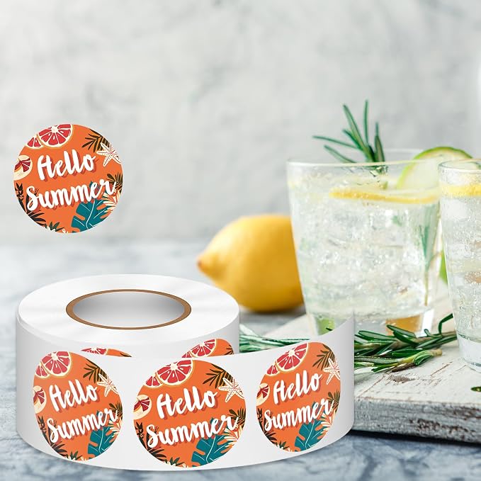 Louise Maelys 500 Pcs Tropical Plant Friut Hello Summer Stickers Roll, 1.5 Inch Happy Holiday Lable for Kids and Adult, Adhesive Decoration Round Labels for Baking Card Gift Envelope Craft Making