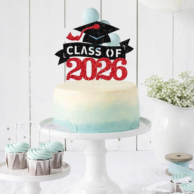 1 Pack Class of 2026 Cake Topper Glitter Congrats Grad Cap 2026 Graduation Cake Pick for 2026 Graduation Theme High School Boys Girls Graduate Party Cake Decorations Supplies Red Black