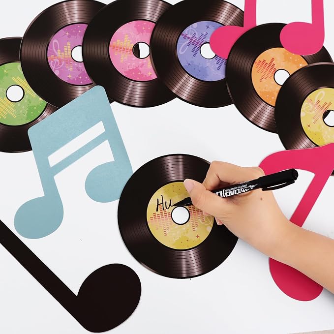 Vuzvuv 48Pcs 70s 80s 90s Disco Records Paper Cutouts with 100Pcs Glue Points,Records Cut Outs Bulletin Board Decorations for Birthday Party Theme Decor Supplies