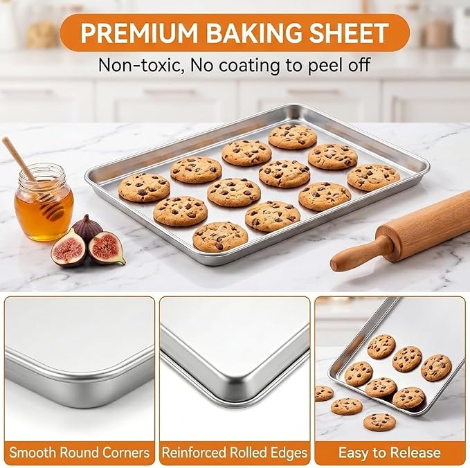 TeamFar Baking Sheet, 17.6’’ x 13’’ x 1’’ Stainless Steel Large Cookie Sheet Half Baking Pans, Non-toxic & Healthy, Easy Clean & Dishwasher Safe, Heavy Duty & Sturdy- Set of 2