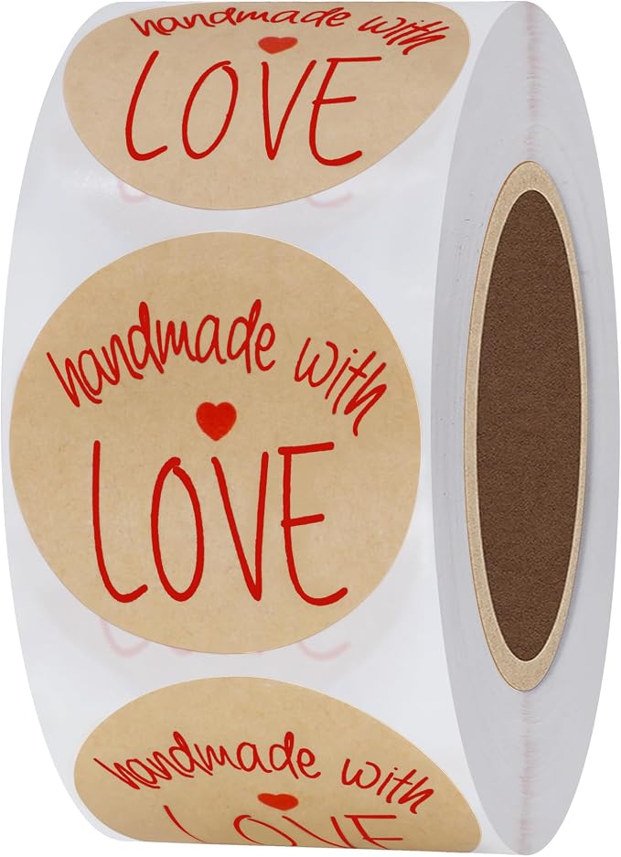 Hybsk Kraft Handmade with Love Stickers with Black Font 1.5" Inch Round Total 500 Labels Per Roll (Type 2)