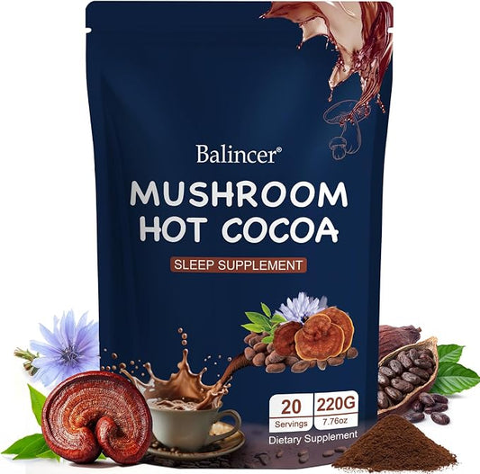 Balincer Mushroom Hot Cocoa Powder, Sleep Supplement with Reishi Mushroom, Melatonin, Glycine, Cacao, L-Theanine, Chicory, Supports Relaxation & Fall Asleep, Vegan, 20 Servings
