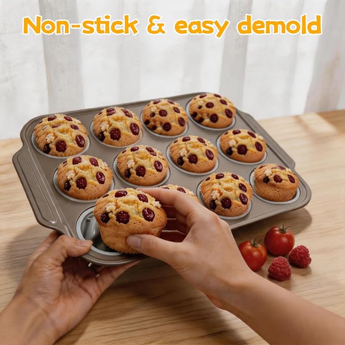 Silicone Muffin Baking Pan, 12 Cups, Grey | No Paper Liners Needed,Reinforced Metal Frame,Non-Stick Easy Release,Oven & Dishwasher Safe, BPA Free